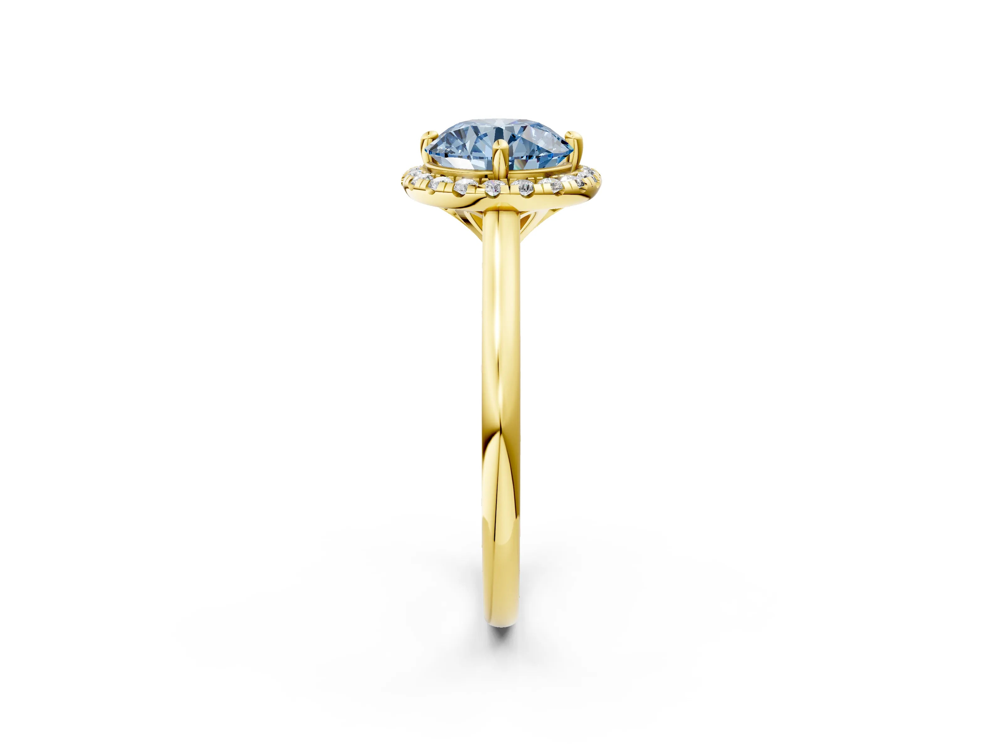 Yellow gold Fancy Blue Round Cut Halo Round Diamond Solitaire Engagement Ring with Pave Band and Four-Prong Setting_14