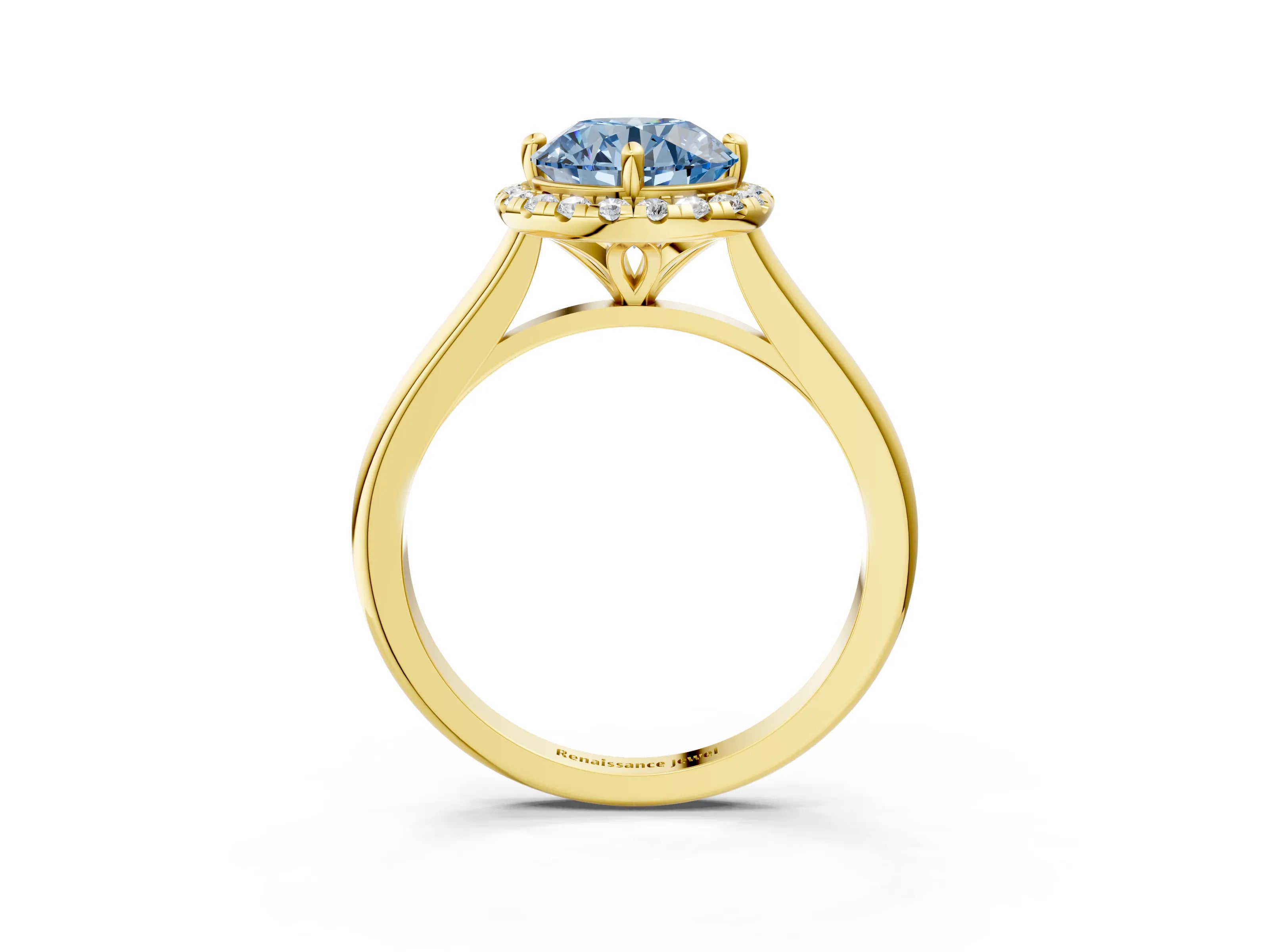 Yellow gold Fancy Blue Round Cut Halo Round Diamond Solitaire Engagement Ring with Pave Band and Four-Prong Setting_15