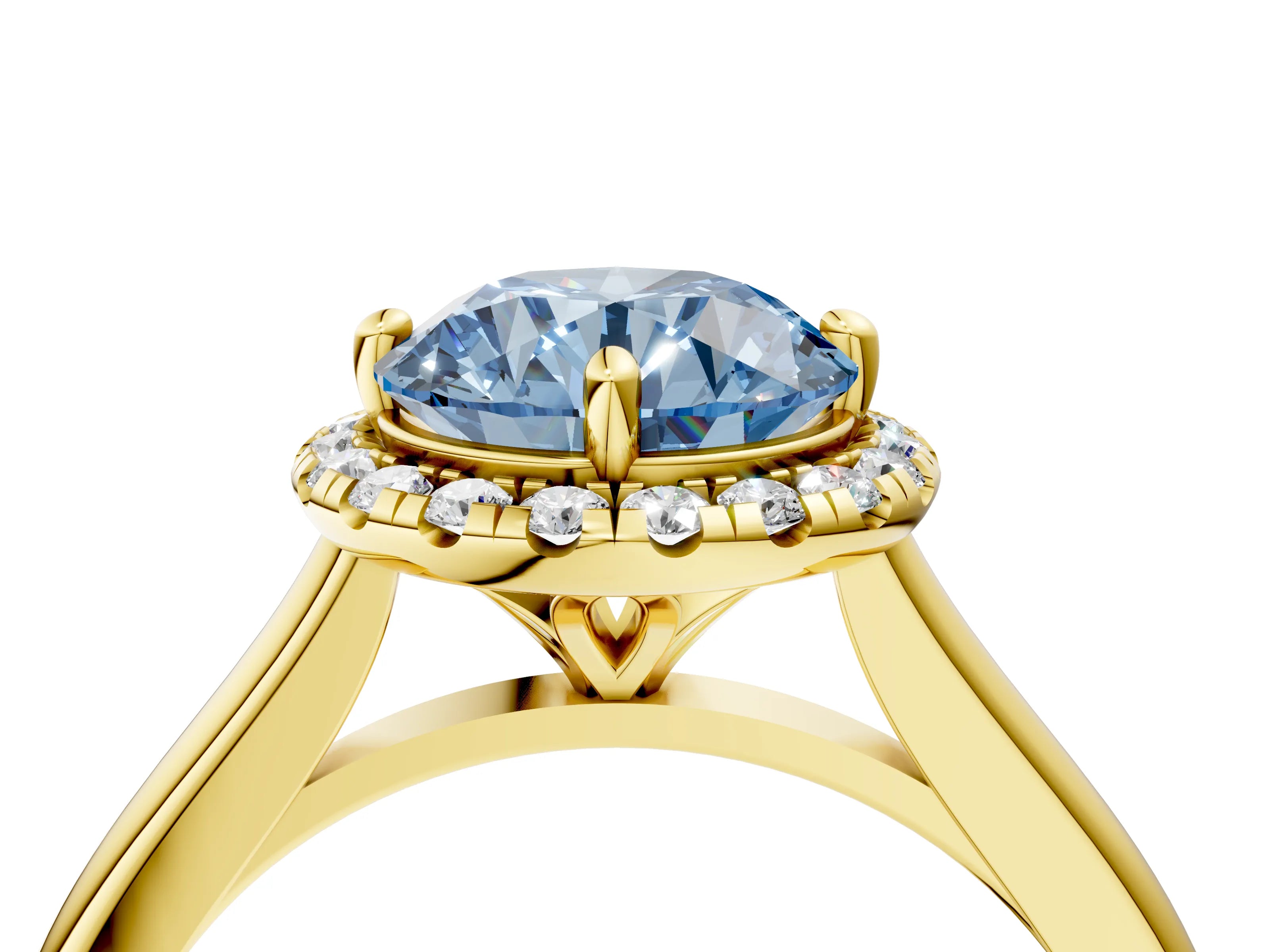 Yellow gold Fancy Blue Round Cut Halo Round Diamond Solitaire Engagement Ring with Pave Band and Four-Prong Setting_16