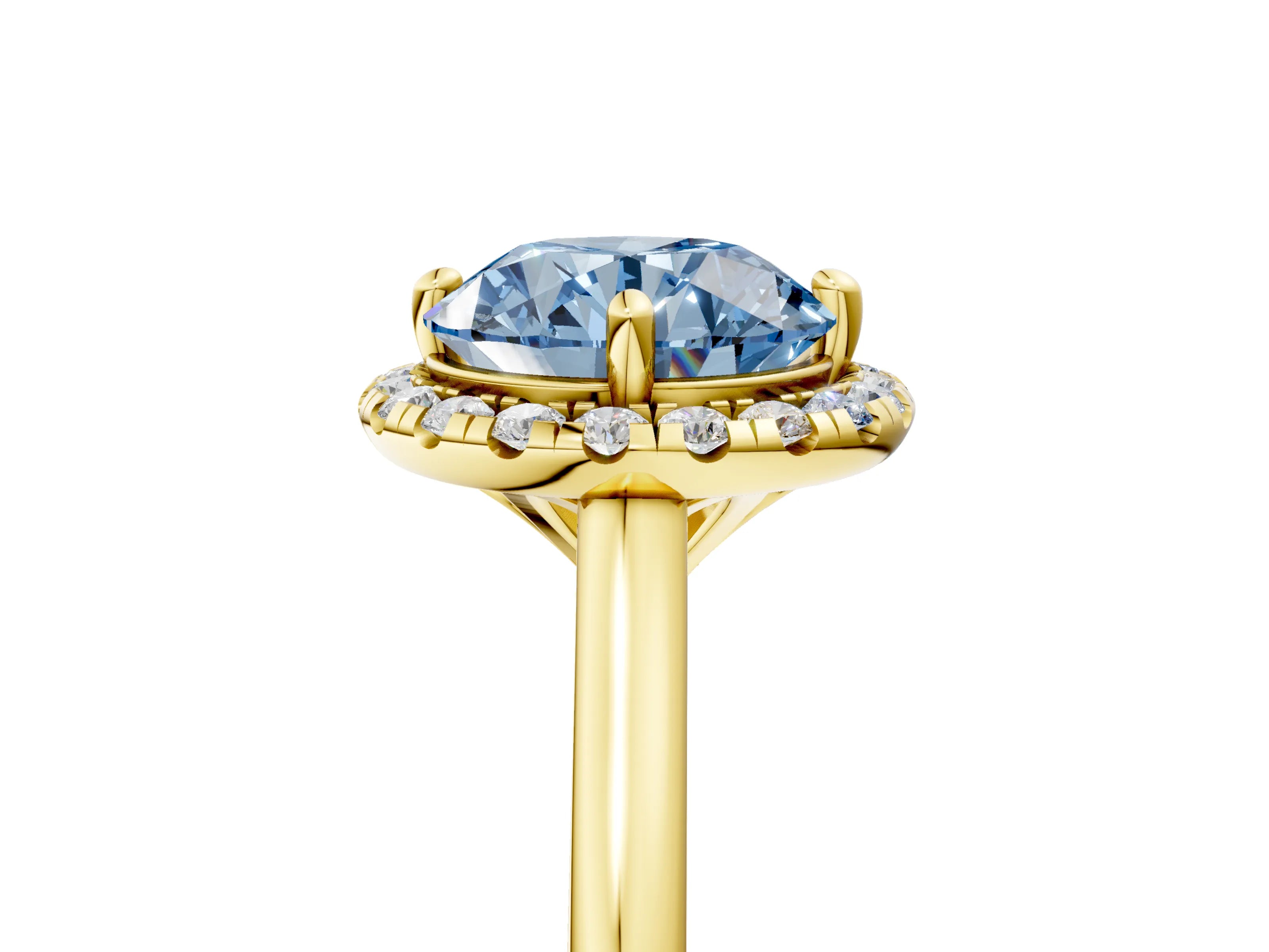 Yellow gold Fancy Blue Round Cut Halo Round Diamond Solitaire Engagement Ring with Pave Band and Four-Prong Setting_17
