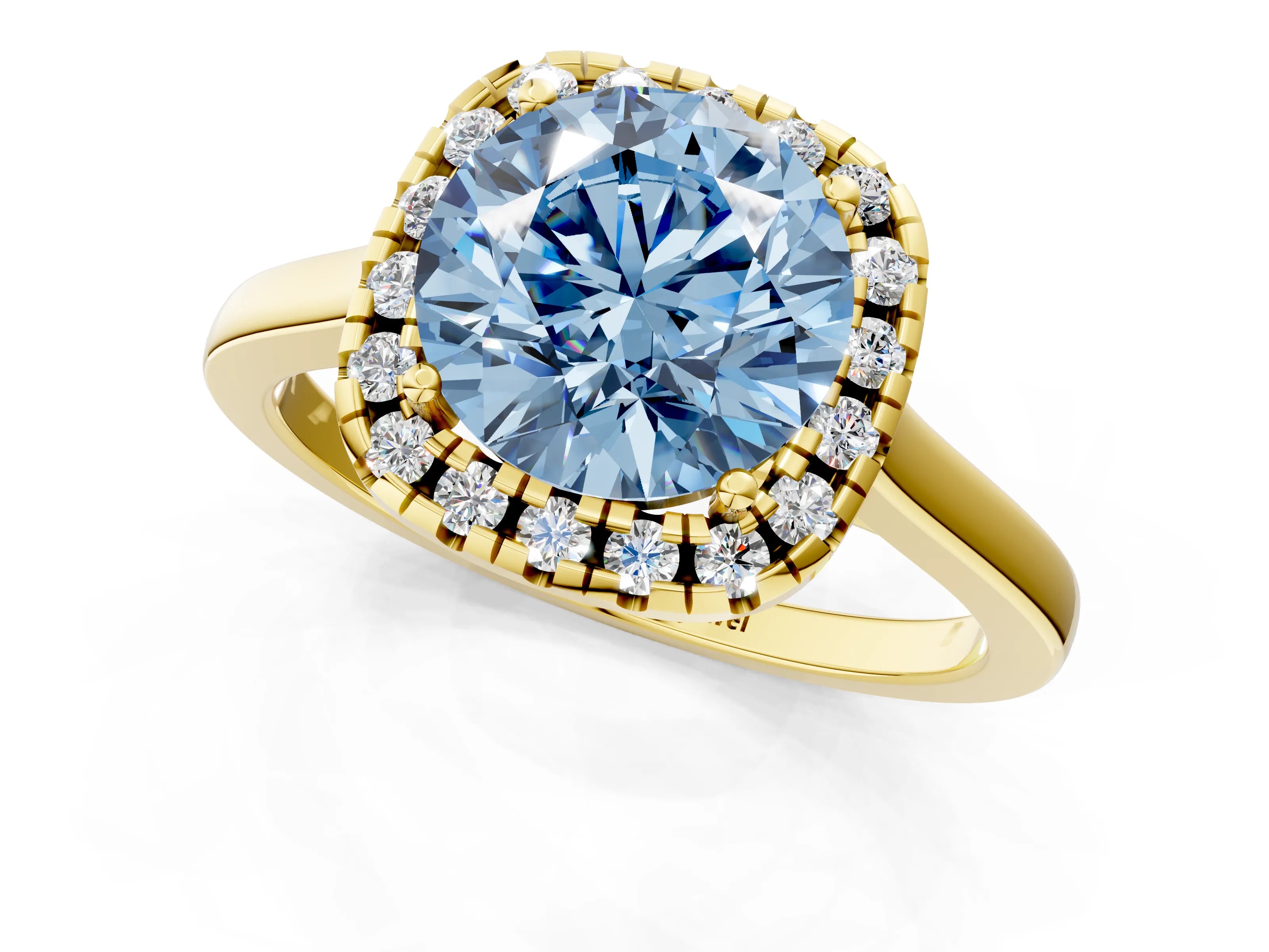 Yellow gold Fancy Blue Round Cut Halo Round Diamond Solitaire Ring with Pavé Band and Four-Prong Setting_1