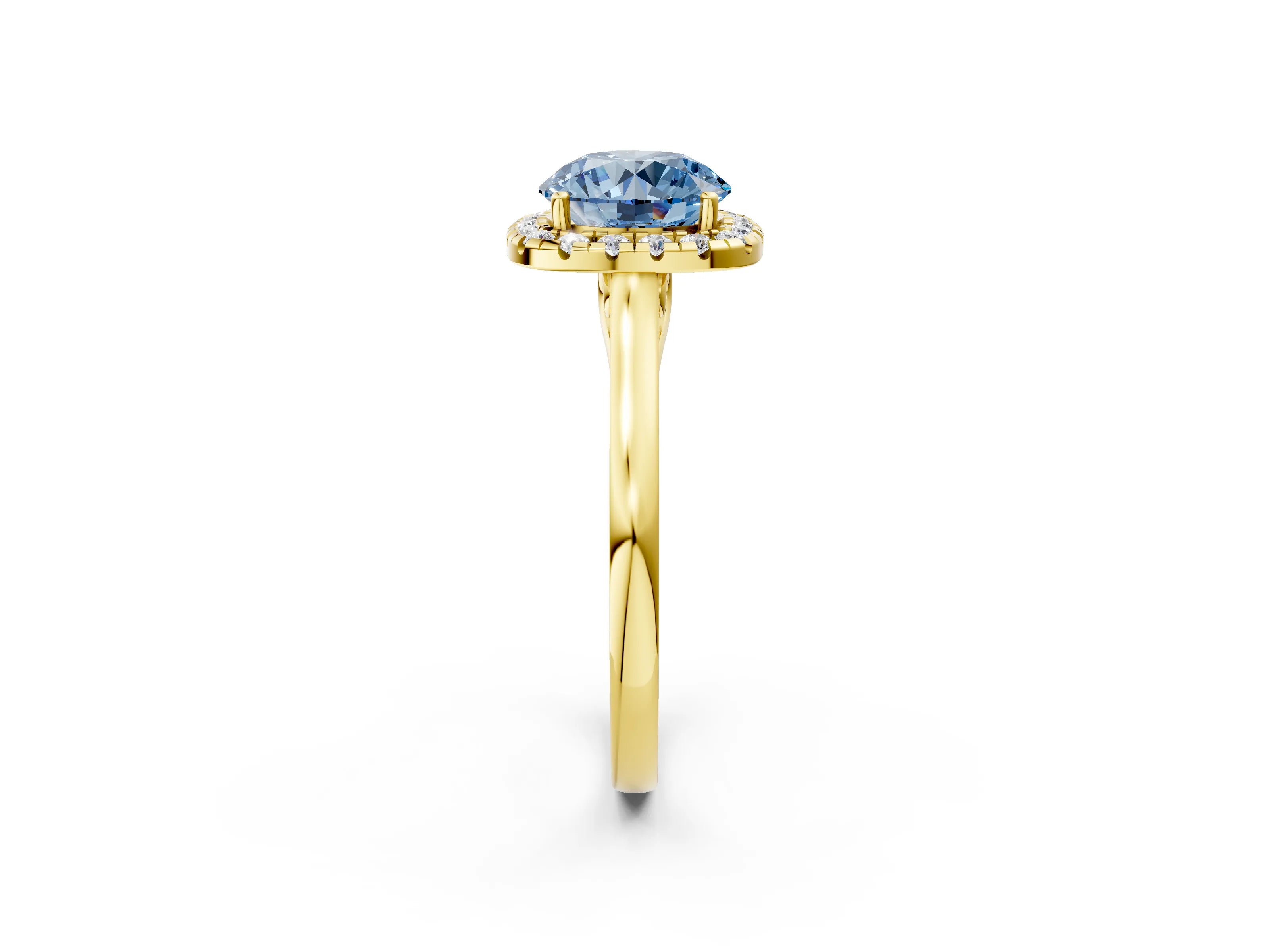 Yellow gold Fancy Blue Round Cut Halo Round Diamond Solitaire Ring with Pavé Band and Four-Prong Setting_2