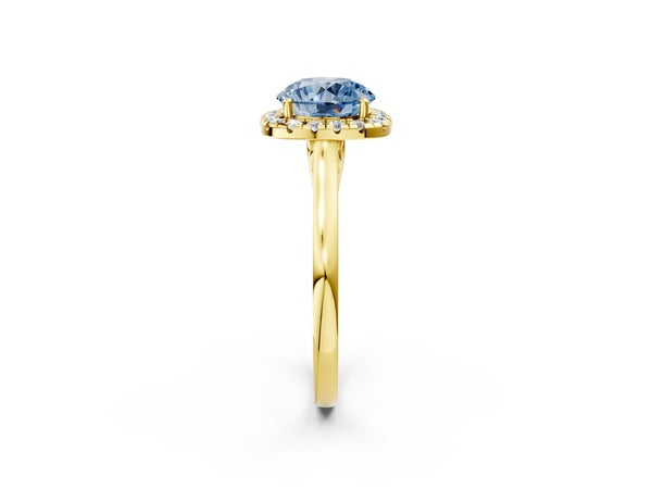 Yellow gold Fancy Blue Round Cut Halo Round Diamond Solitaire Ring with Pavé Band and Four-Prong Setting