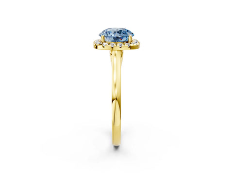 Yellow gold Fancy Blue Round Cut Halo Round Diamond Solitaire Ring with Pavé Band and Four-Prong Setting_2