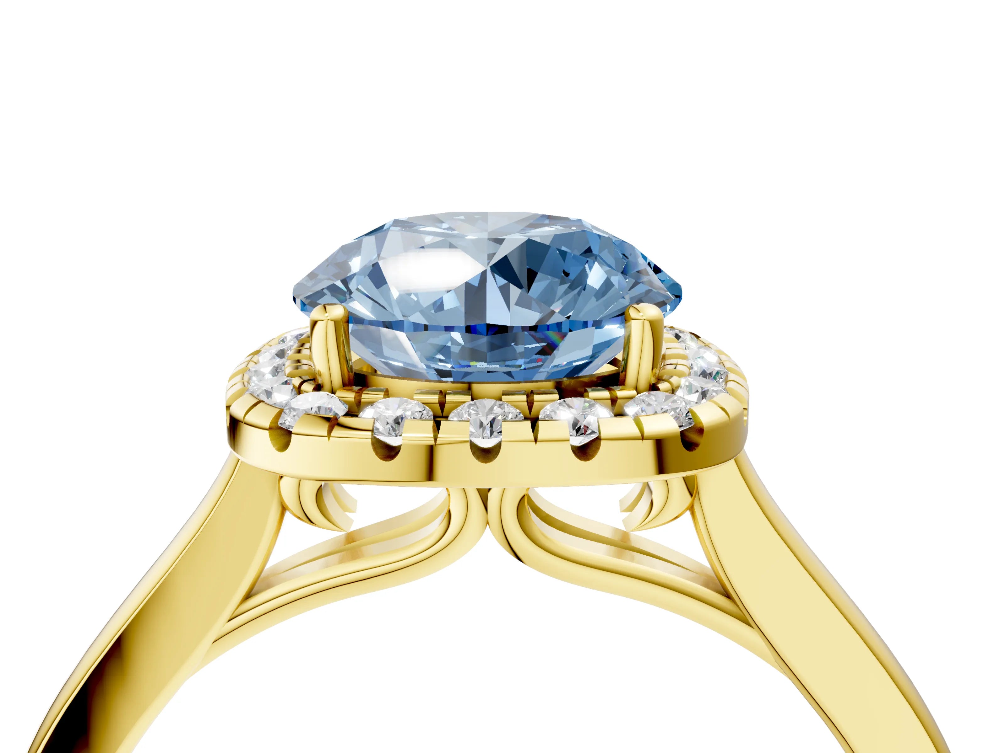 Yellow gold Fancy Blue Round Cut Halo Round Diamond Solitaire Ring with Pavé Band and Four-Prong Setting_4