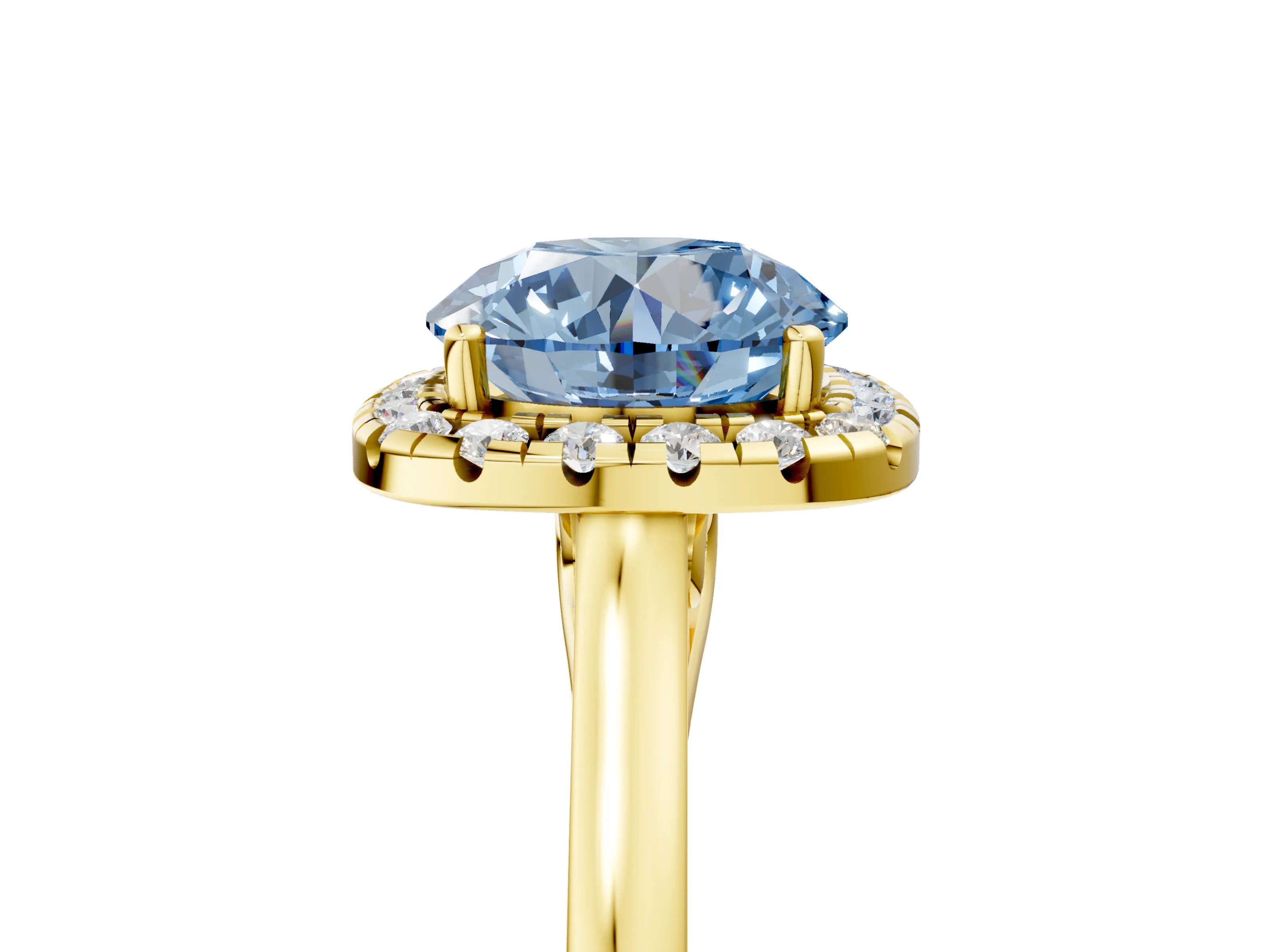Yellow gold Fancy Blue Round Cut Halo Round Diamond Solitaire Ring with Pavé Band and Four-Prong Setting_5
