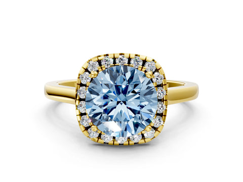 Yellow gold Fancy Blue Round Cut Halo Round Diamond Solitaire Ring with Pavé Band and Four-Prong Setting