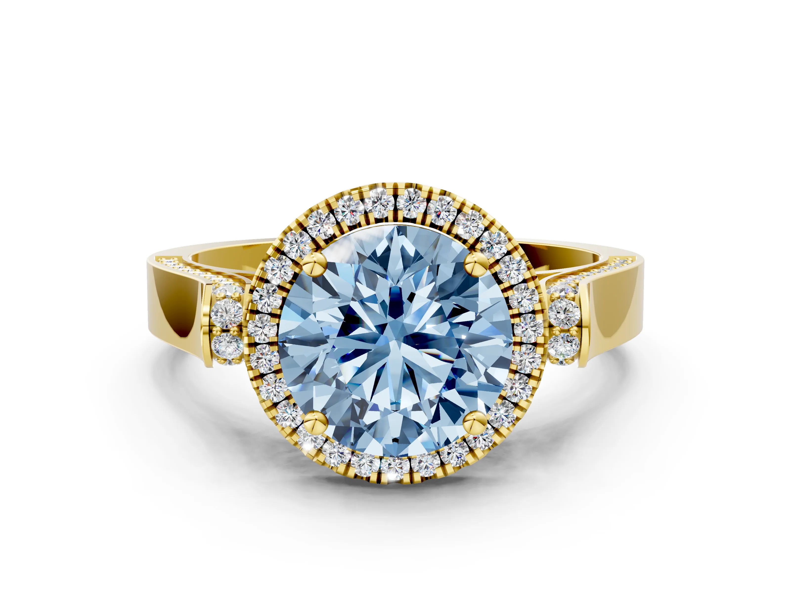 Yellow gold Fancy Blue Round Cut Halo Round Diamond Twist Band with Four-Prong Setting