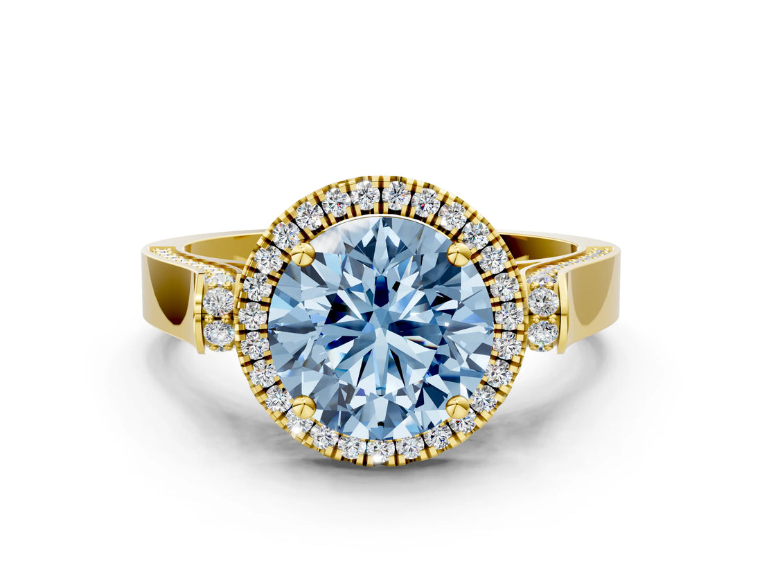 Yellow gold Fancy Blue Round Cut Halo Round Diamond Twist Band with Four-Prong Setting