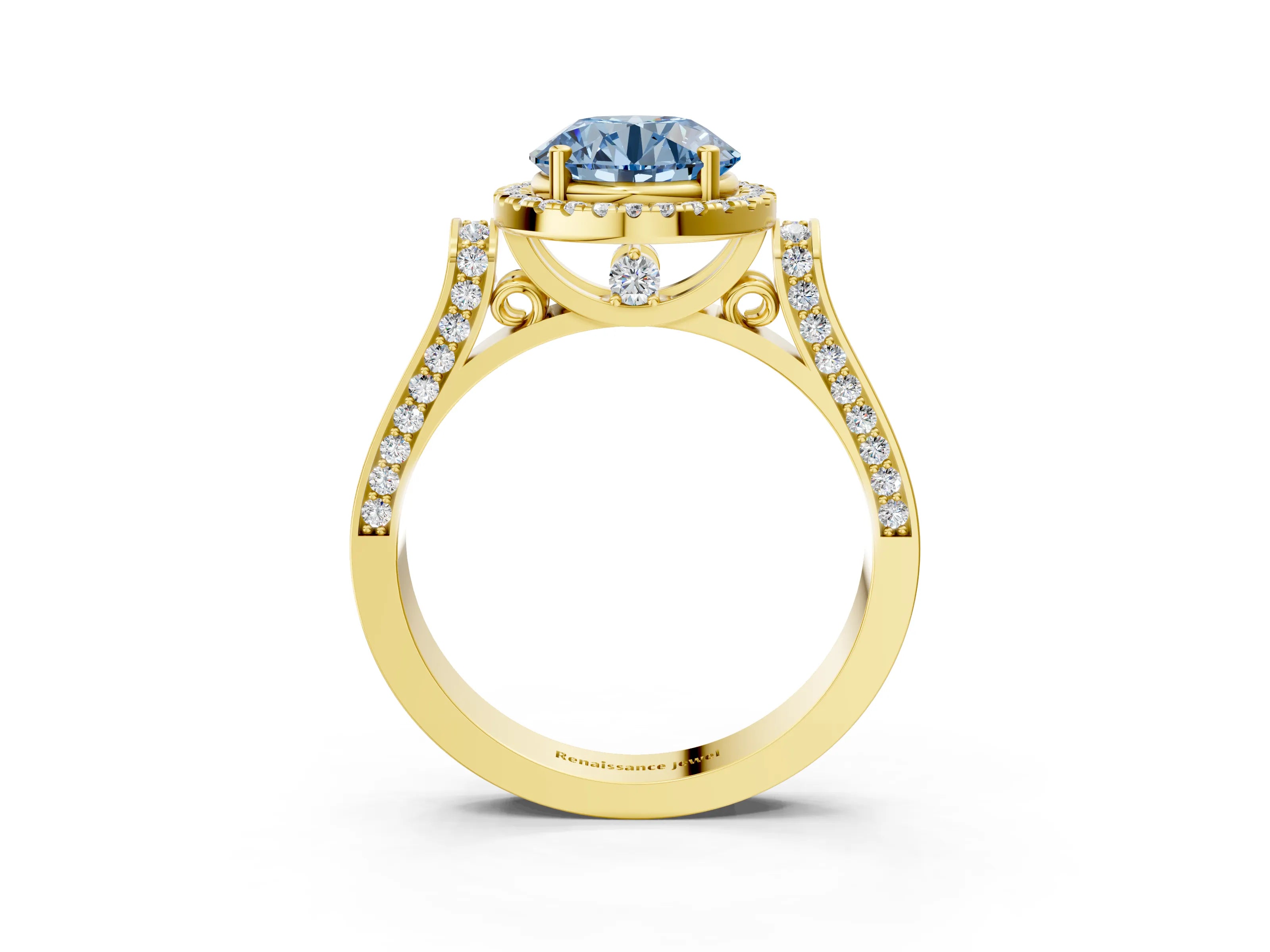 Yellow gold Fancy Blue Round Cut Halo Round Diamond Twist Band with Four-Prong Setting_3