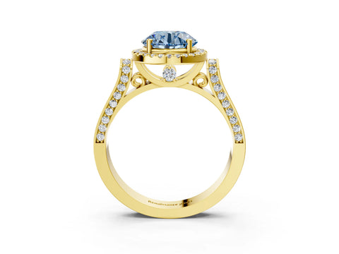 Yellow gold Fancy Blue Round Cut Halo Round Diamond Twist Band with Four-Prong Setting_3