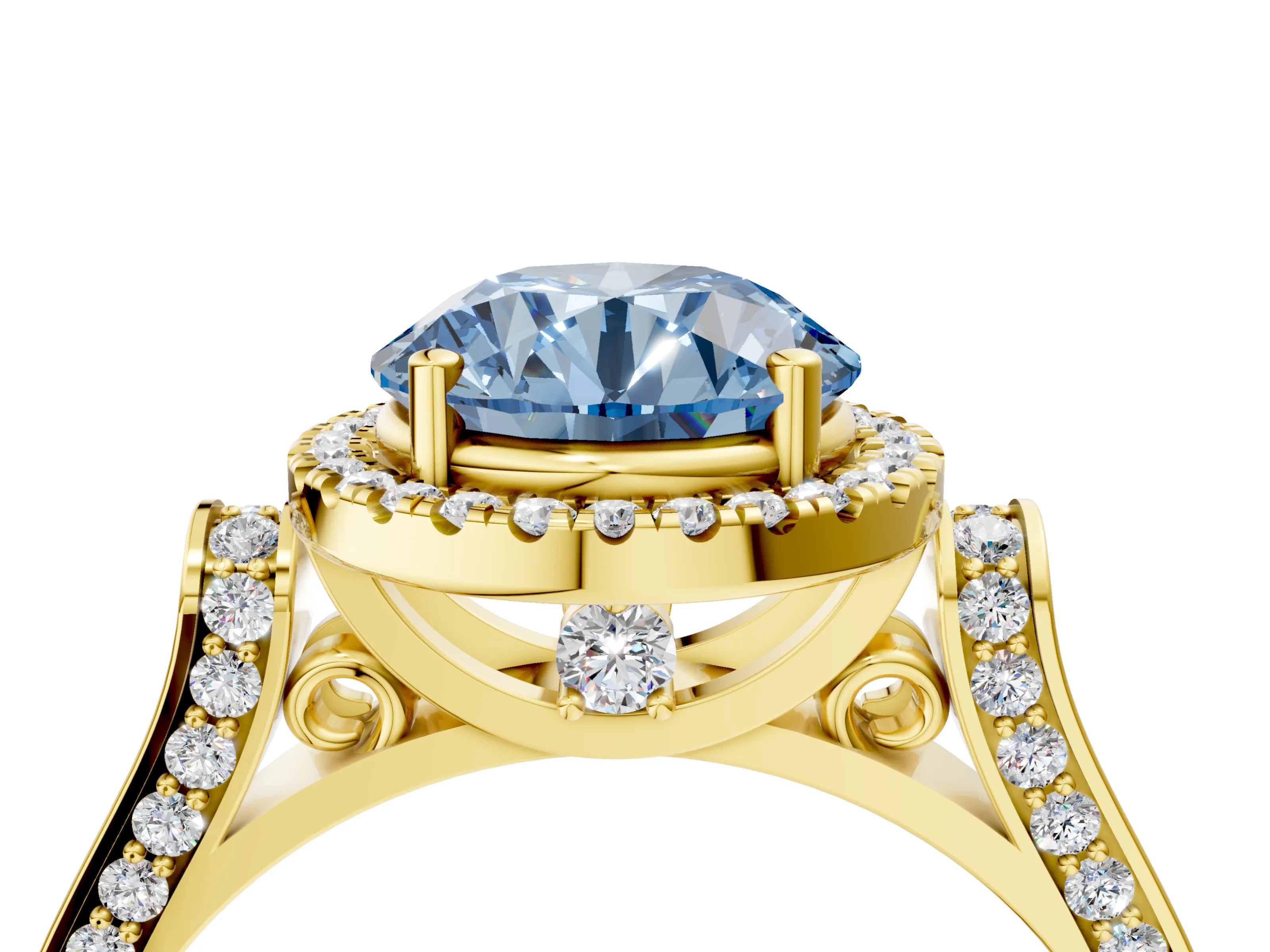 Yellow gold Fancy Blue Round Cut Halo Round Diamond Twist Band with Four-Prong Setting_4