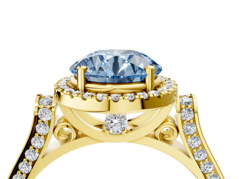 Yellow gold Fancy Blue Round Cut Halo Round Diamond Twist Band with Four-Prong Setting_4