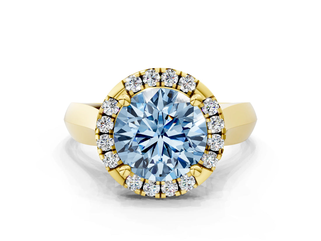 Yellow gold Fancy Blue Round  Cut Halo Solitaire Engagement Ring with Square Band and Four-Prong Setting_113