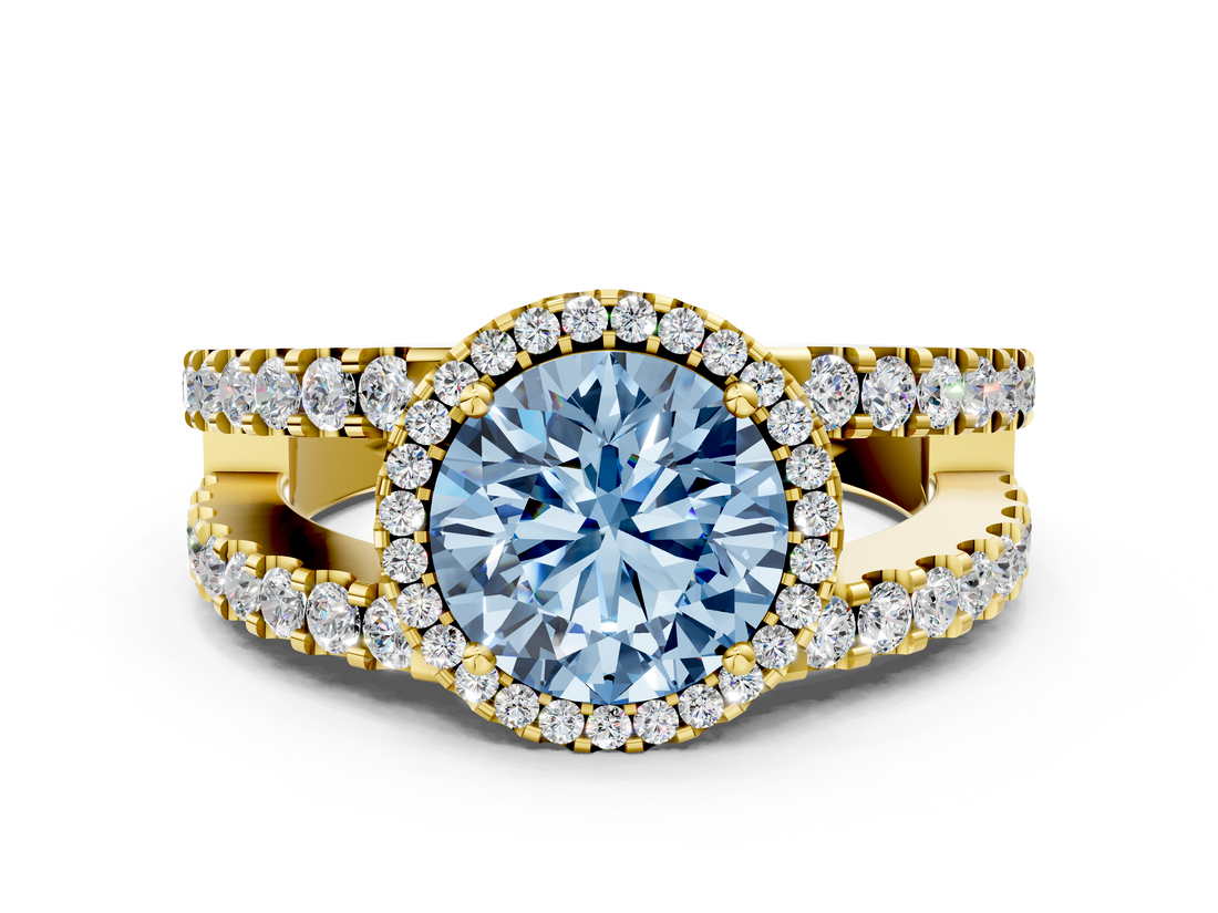 Yellow gold Fancy Blue Round  Cut Halo Split Shank Diamond Ring with Four-Prong Setting_45