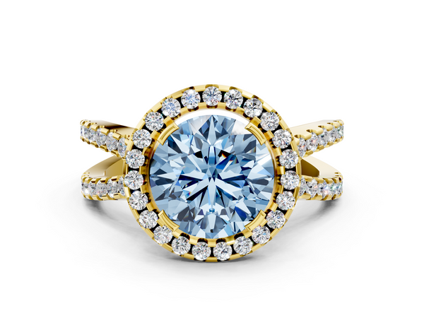 Yellow gold Fancy Blue Round Cut Diamond Halo Ring with Split Shank Pavé Band and Prong Setting