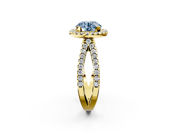 Yellow gold Fancy Blue Round Cut Diamond Halo Ring with Split Shank Pavé Band and Prong Setting