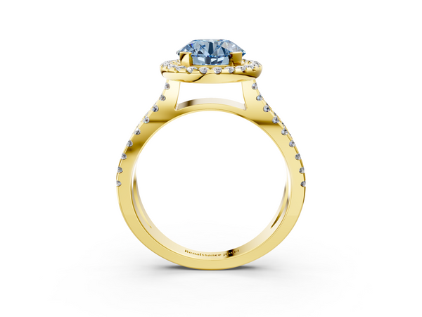 Yellow gold Fancy Blue Round Cut Diamond Halo Ring with Split Shank Pavé Band and Prong Setting