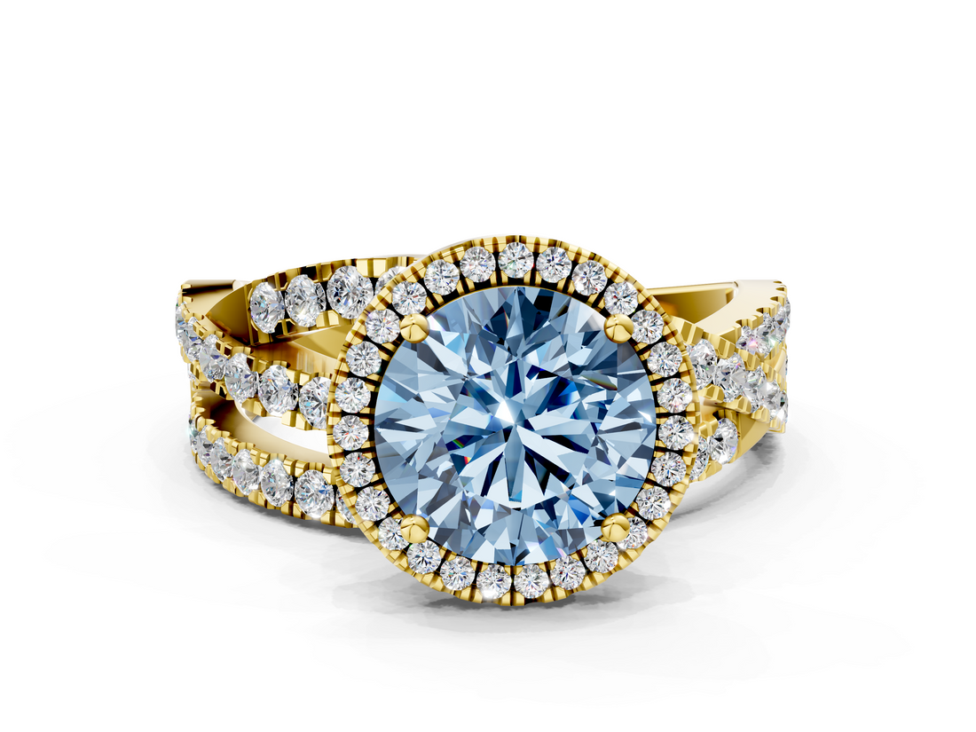 Yellow gold Fancy Blue Round  Cut Halo Split Shank Prong Setting Ring_58
