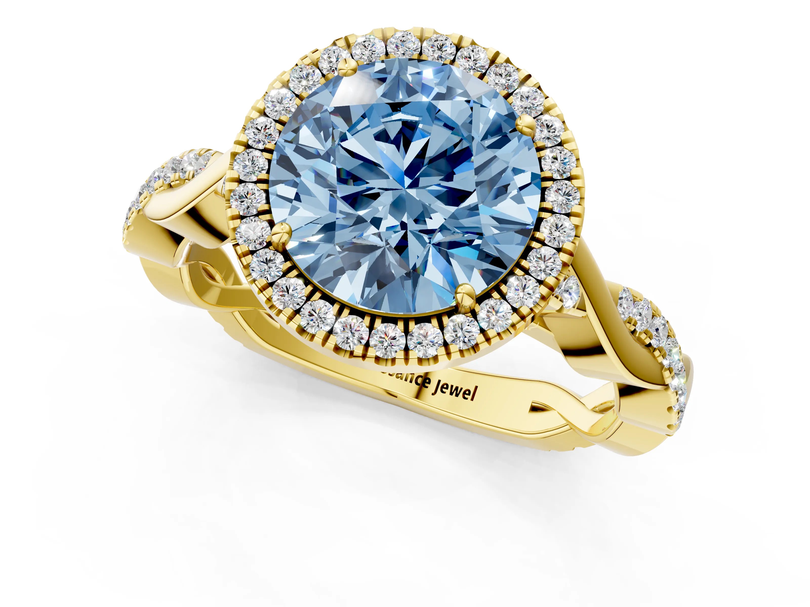 Yellow gold Fancy Blue Round Cut Halo Twist Band with Four-Prong Setting_1