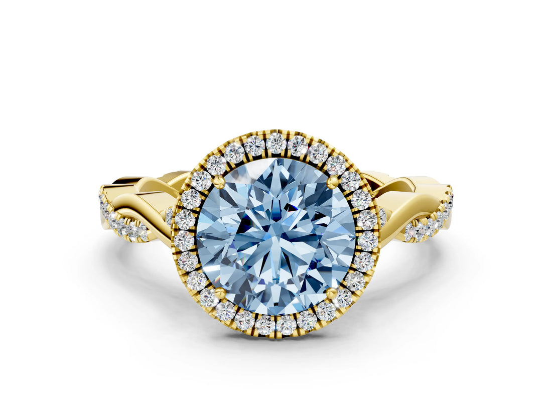 Yellow gold Fancy Blue Round Cut Halo Twist Band with Four-Prong Setting_12