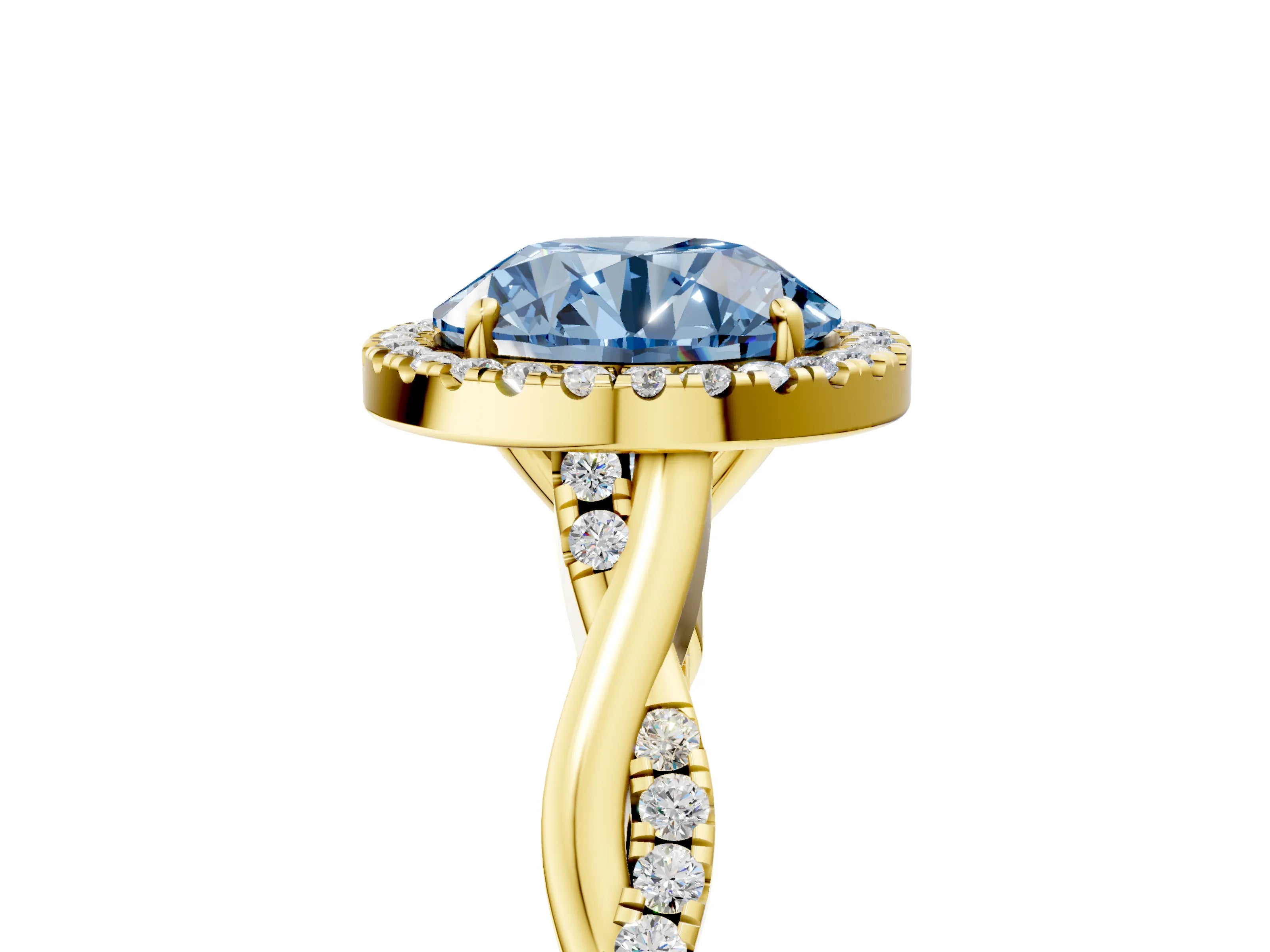 Yellow gold Fancy Blue Round Cut Halo Twist Band with Four-Prong Setting_5