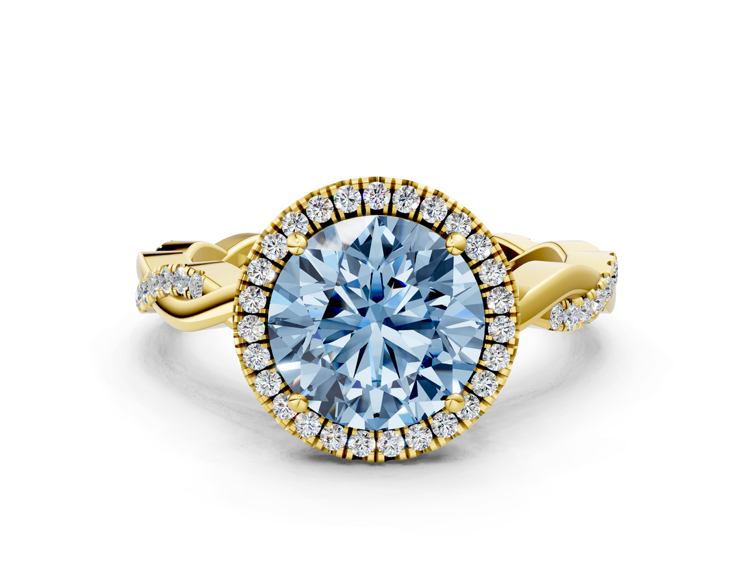 Yellow gold Fancy Blue Round  Cut Halo Twisted Band Four-Prong Ring_20