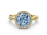 Yellow gold Fancy Blue Round  Cut Halo Twisted Band Four-Prong Ring_20