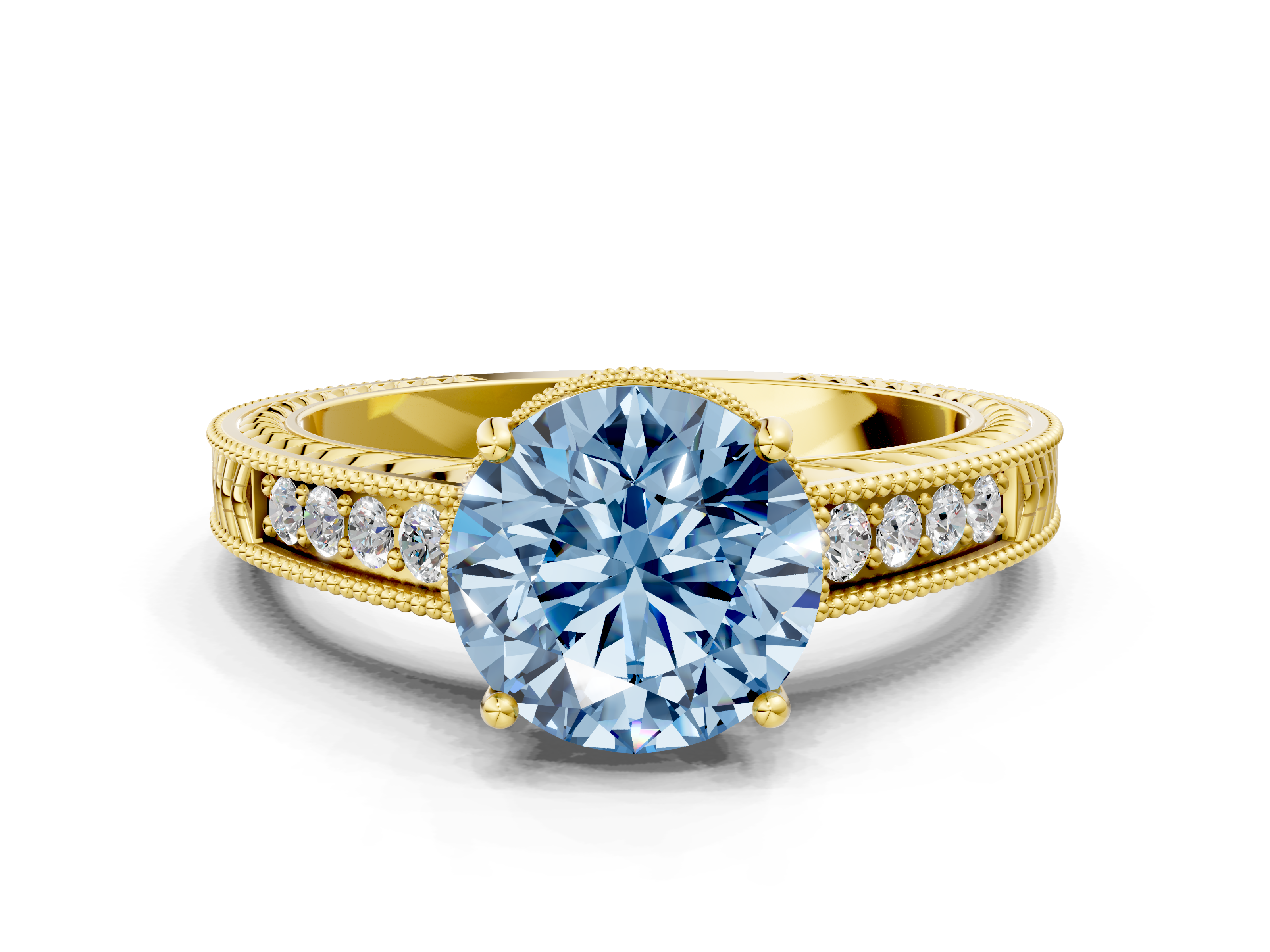 Yellow gold Fancy Blue Round  Cut Milgrain Channel Set Engagement Ring with Solitaire Prong Setting_48