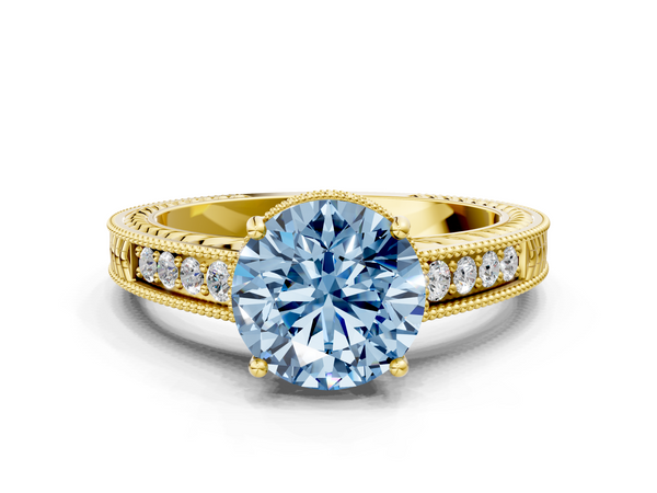 Yellow gold Fancy Blue Round Cut Diamond Engagement Ring with Milgrain Channel Set Band and Prong Setting
