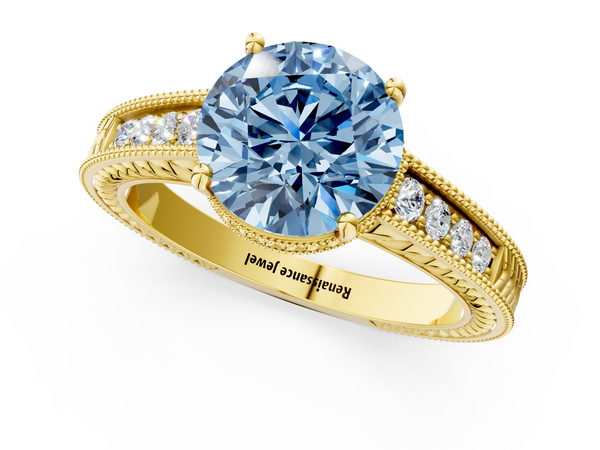 Yellow gold Fancy Blue Round Cut Diamond Engagement Ring with Milgrain Channel Set Band and Prong Setting