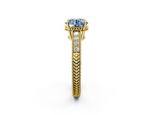 Yellow gold Fancy Blue Round Cut Diamond Engagement Ring with Milgrain Channel Set Band and Prong Setting