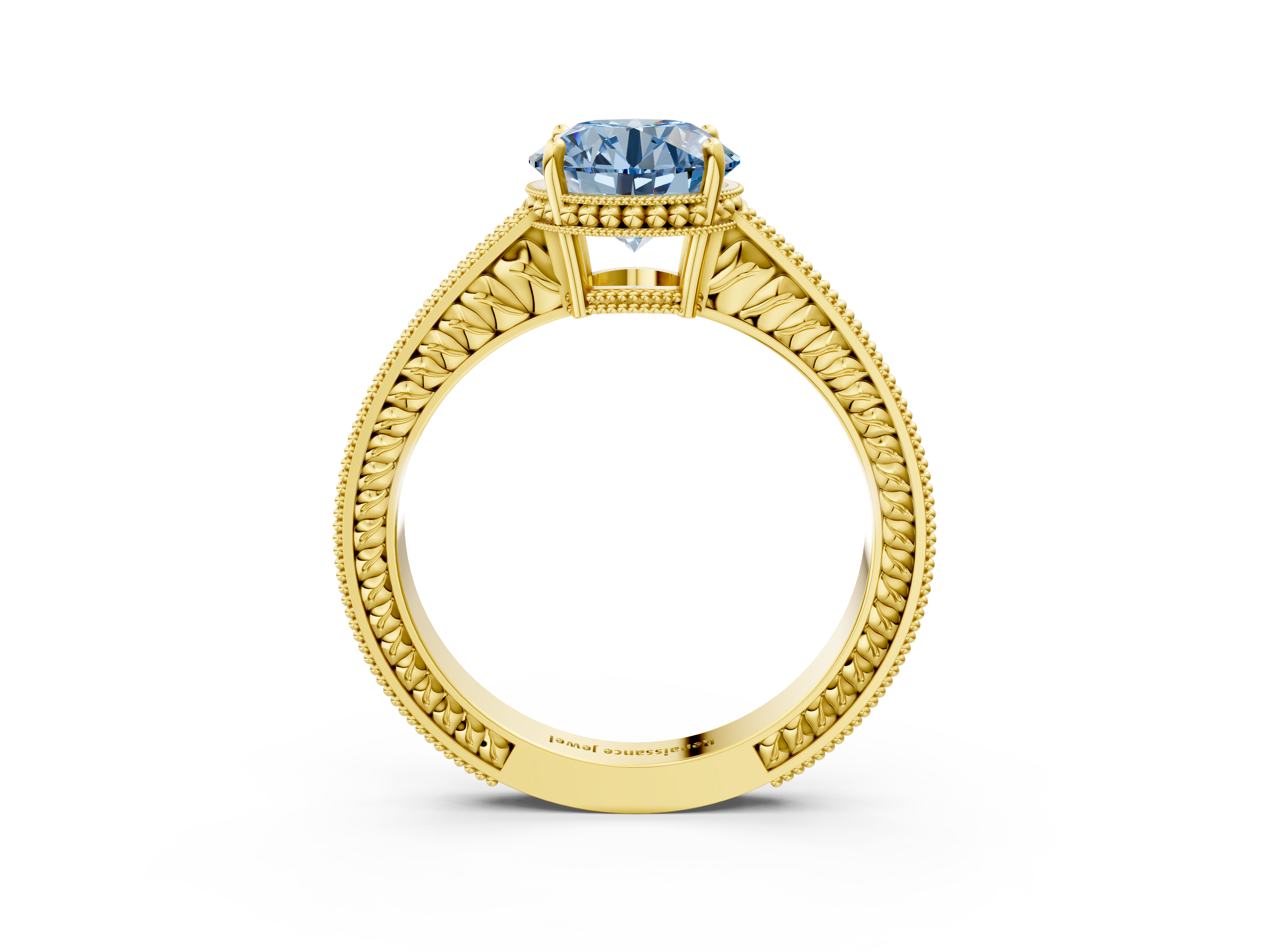 Yellow gold Fancy Blue Round  Cut Milgrain Channel Set Engagement Ring with Solitaire Prong Setting_51
