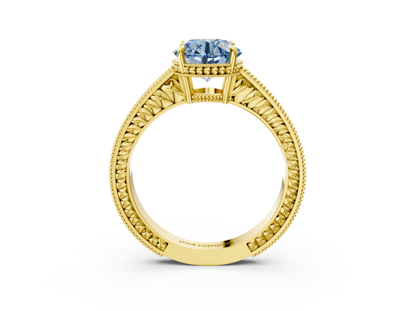 Yellow gold Fancy Blue Round Cut Diamond Engagement Ring with Milgrain Channel Set Band and Prong Setting