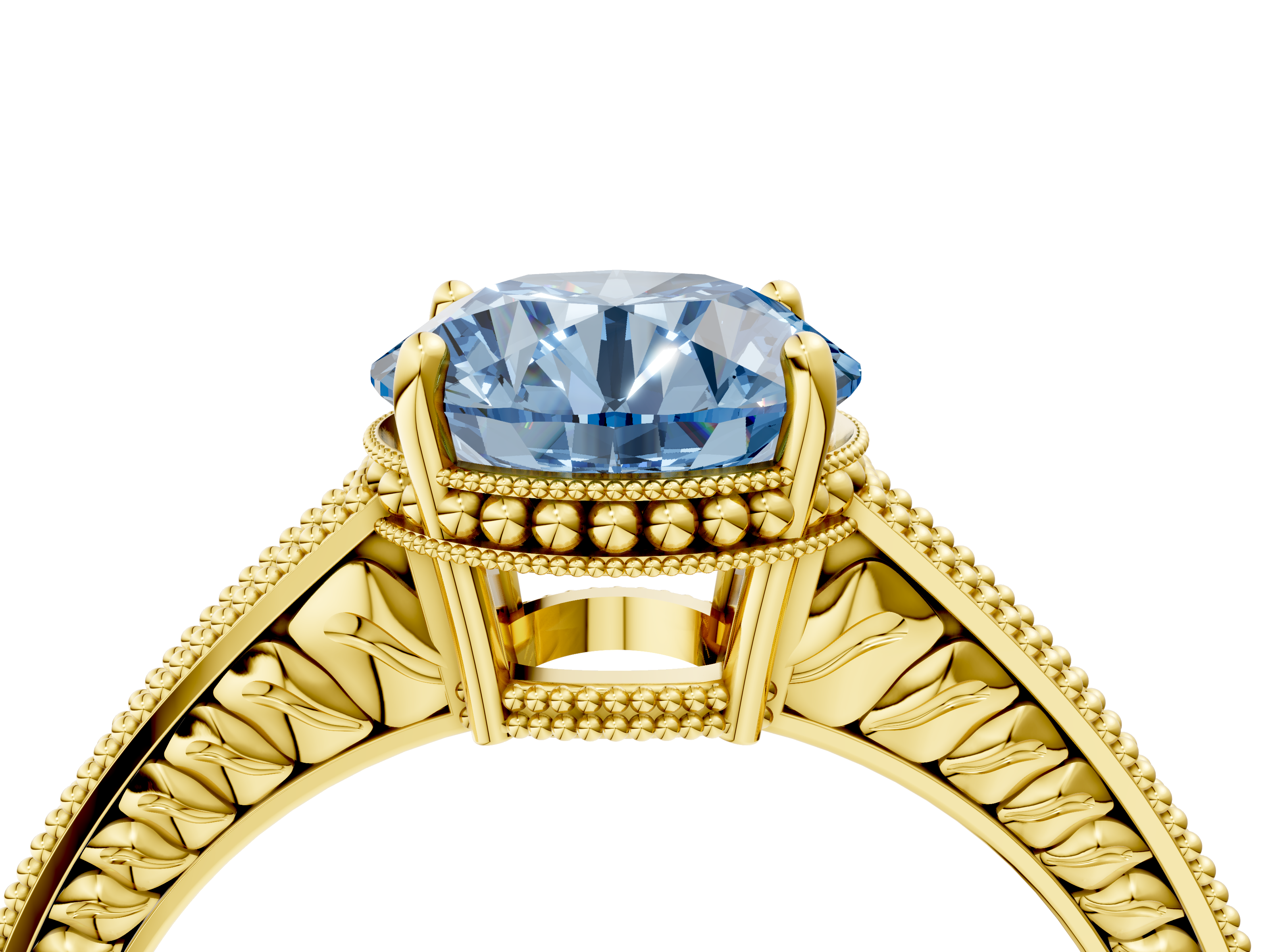 Yellow gold Fancy Blue Round  Cut Milgrain Channel Set Engagement Ring with Solitaire Prong Setting_52