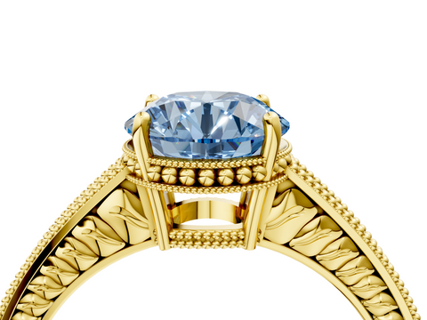 Yellow gold Fancy Blue Round  Cut Milgrain Channel Set Engagement Ring with Solitaire Prong Setting_52