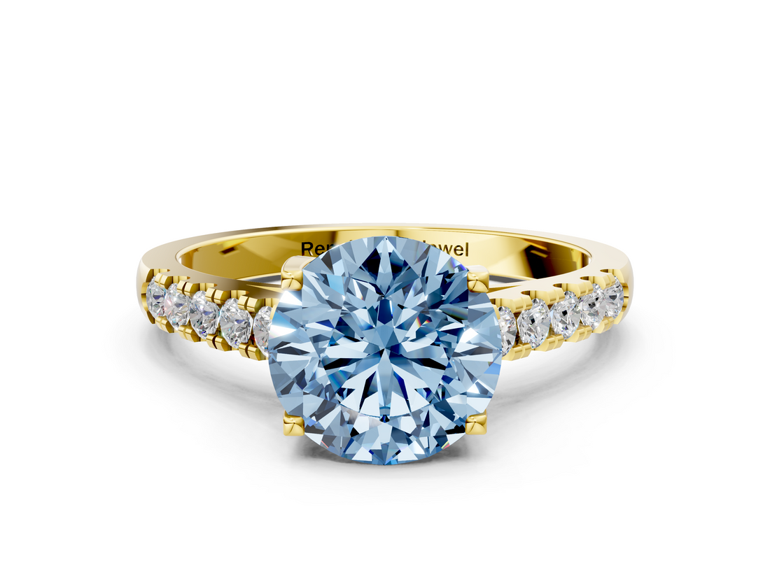Yellow gold Fancy Blue Round  Cut Pavé Band Solitaire Ring with Four-Prong Setting_44