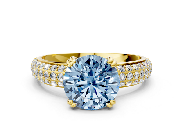 Yellow gold Fancy Blue Round  Cut Pave Diamond Engagement Ring with Channel Set Band and Four-Prong Setting