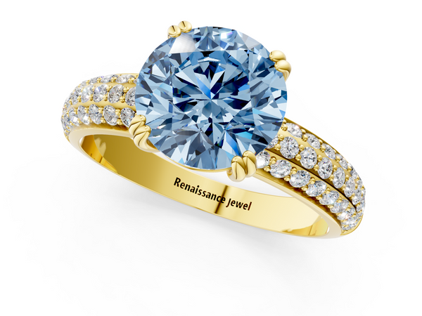Yellow gold Fancy Blue Round  Cut Pave Diamond Engagement Ring with Channel Set Band and Four-Prong Setting