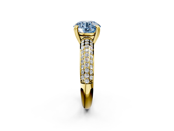 Yellow gold Fancy Blue Round  Cut Pave Diamond Engagement Ring with Channel Set Band and Four-Prong Setting