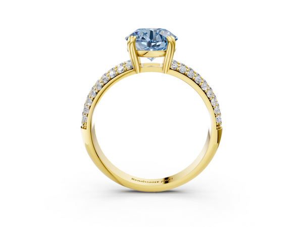 Yellow gold Fancy Blue Round  Cut Pave Diamond Engagement Ring with Channel Set Band and Four-Prong Setting