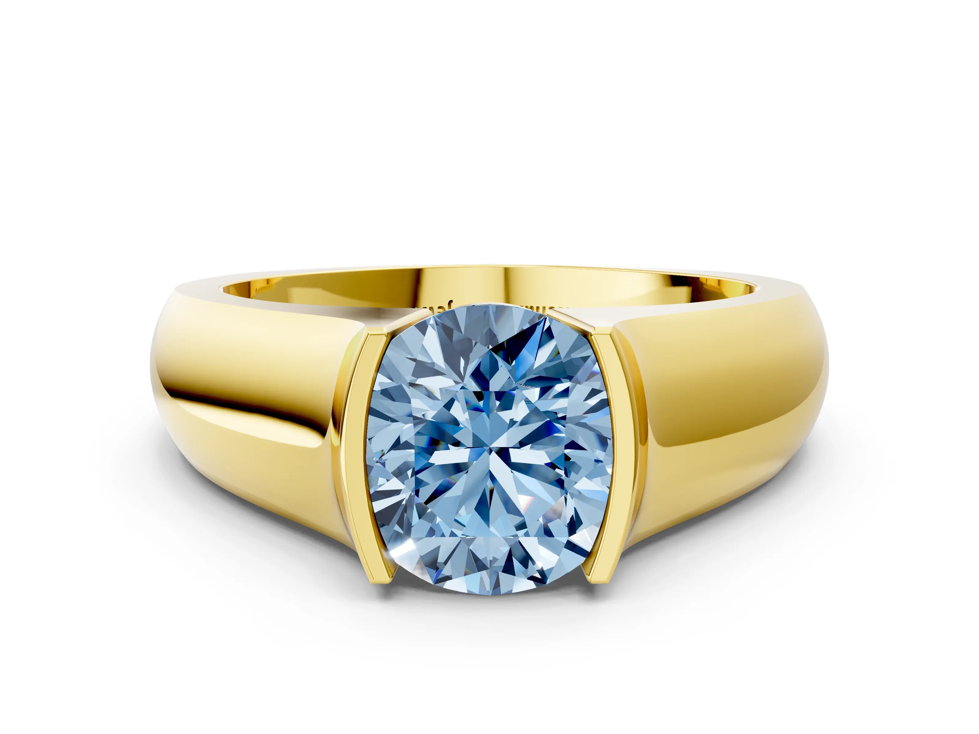 Yellow gold Fancy Blue Round Cut Solitaire Bezel Set Diamond Ring with Wide Band