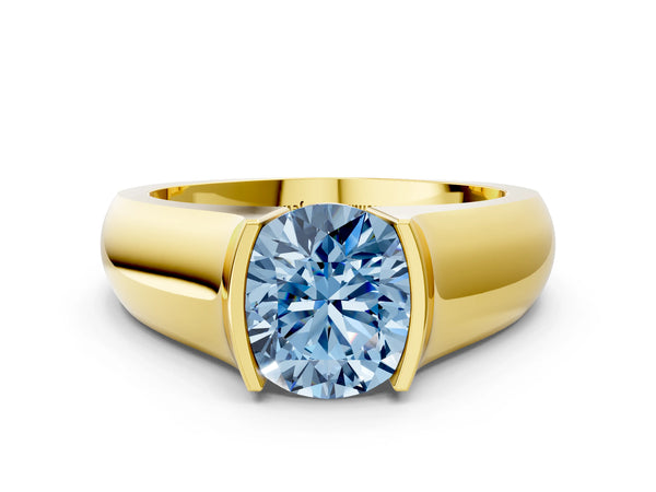 Yellow gold Fancy Blue Round Cut Solitaire Bezel Set Diamond Ring with Wide Band