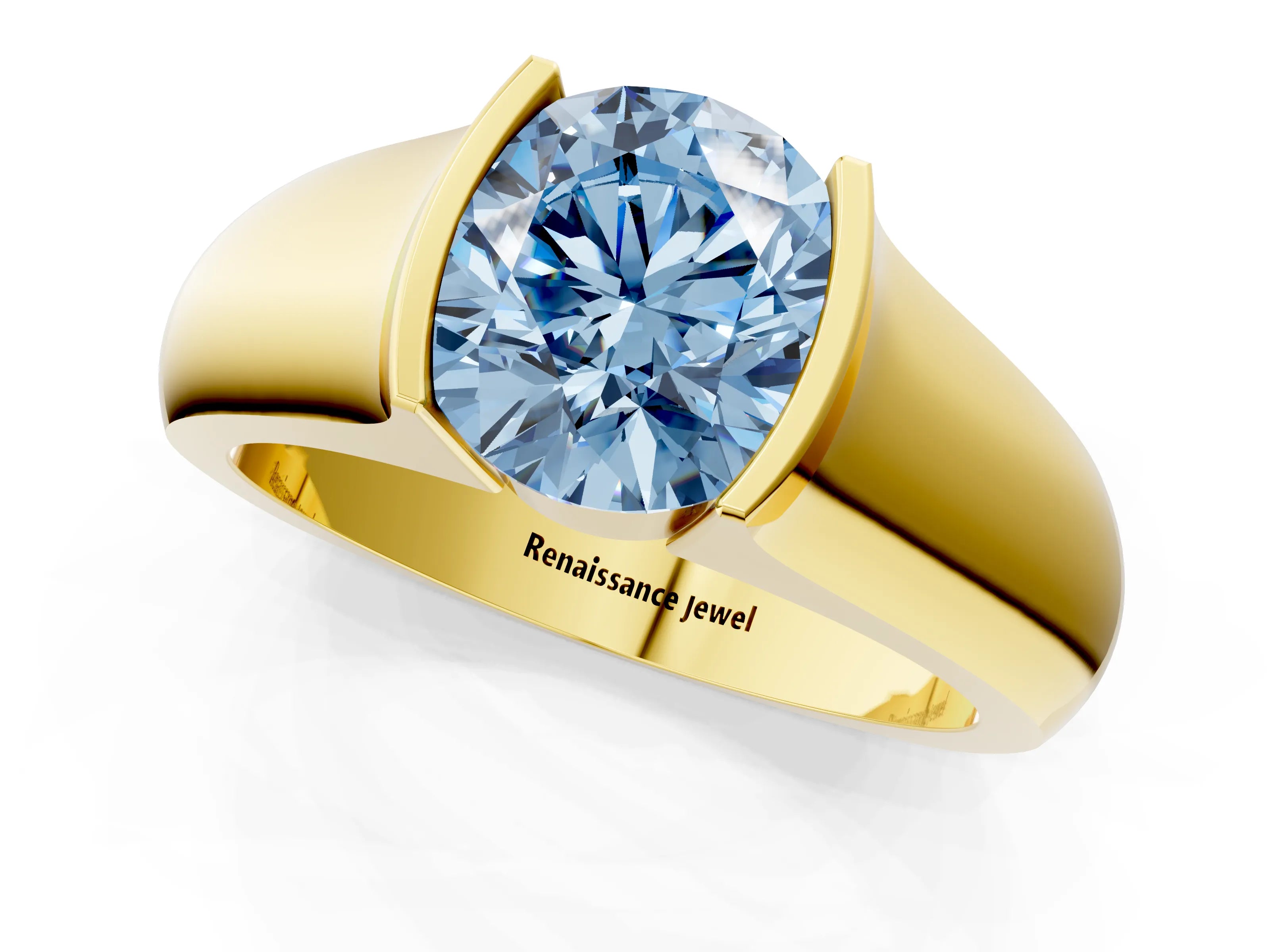 Yellow gold Fancy Blue Round Cut Solitaire Bezel Set Diamond Ring with Wide Band_1