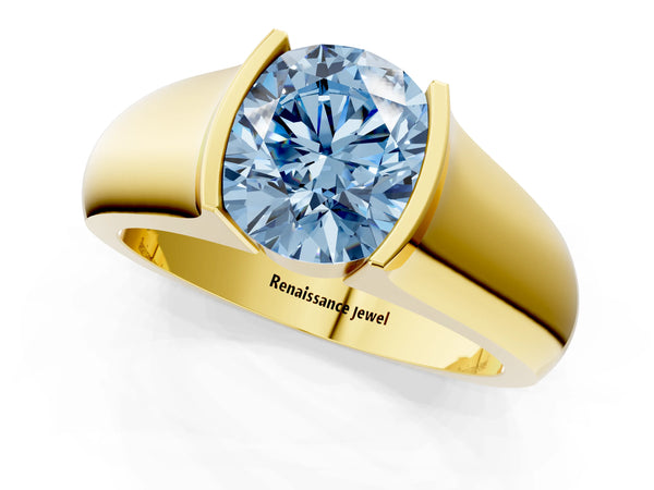 Yellow gold Fancy Blue Round Cut Solitaire Bezel Set Diamond Ring with Wide Band