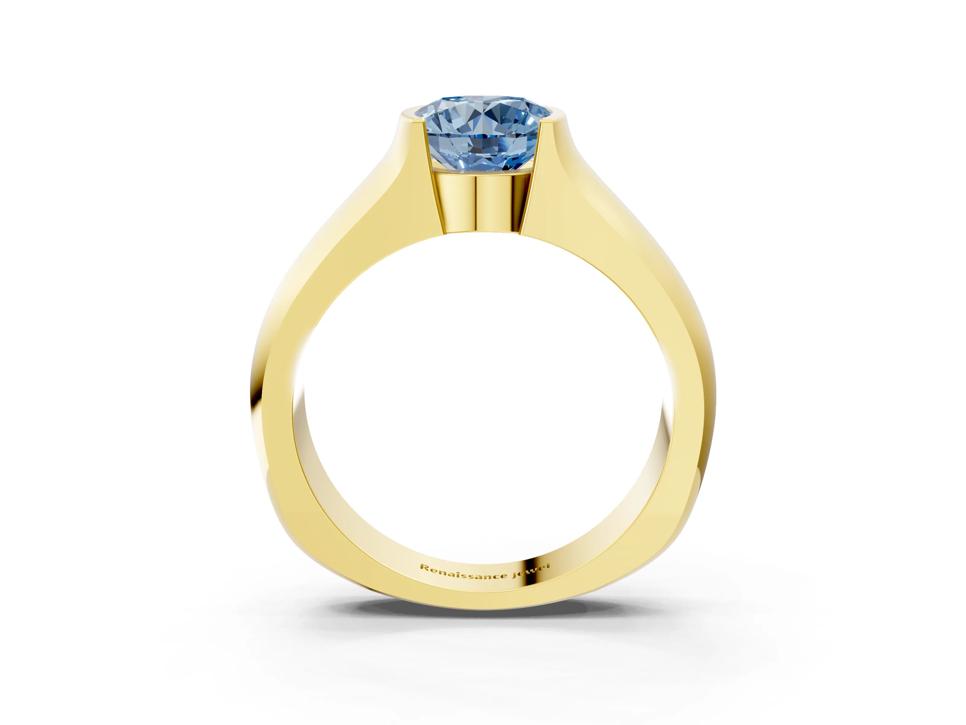 Yellow gold Fancy Blue Round Cut Solitaire Bezel Set Diamond Ring with Wide Band_3