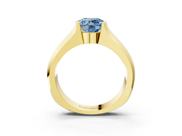 Yellow gold Fancy Blue Round Cut Solitaire Bezel Set Diamond Ring with Wide Band
