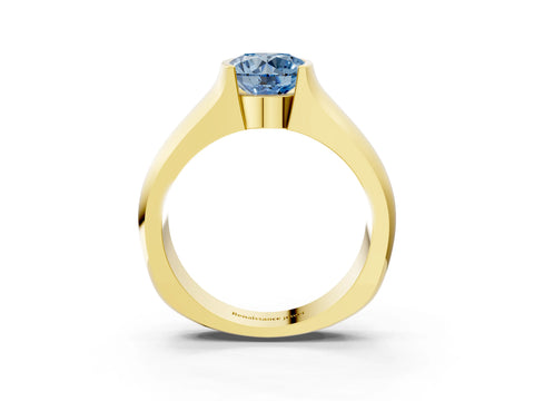 Yellow gold Fancy Blue Round Cut Solitaire Bezel Set Diamond Ring with Wide Band_3