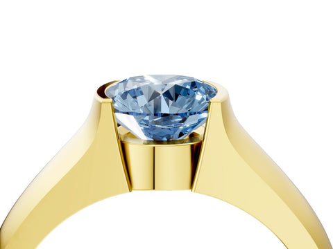 Yellow gold Fancy Blue Round Cut Solitaire Bezel Set Diamond Ring with Wide Band_4