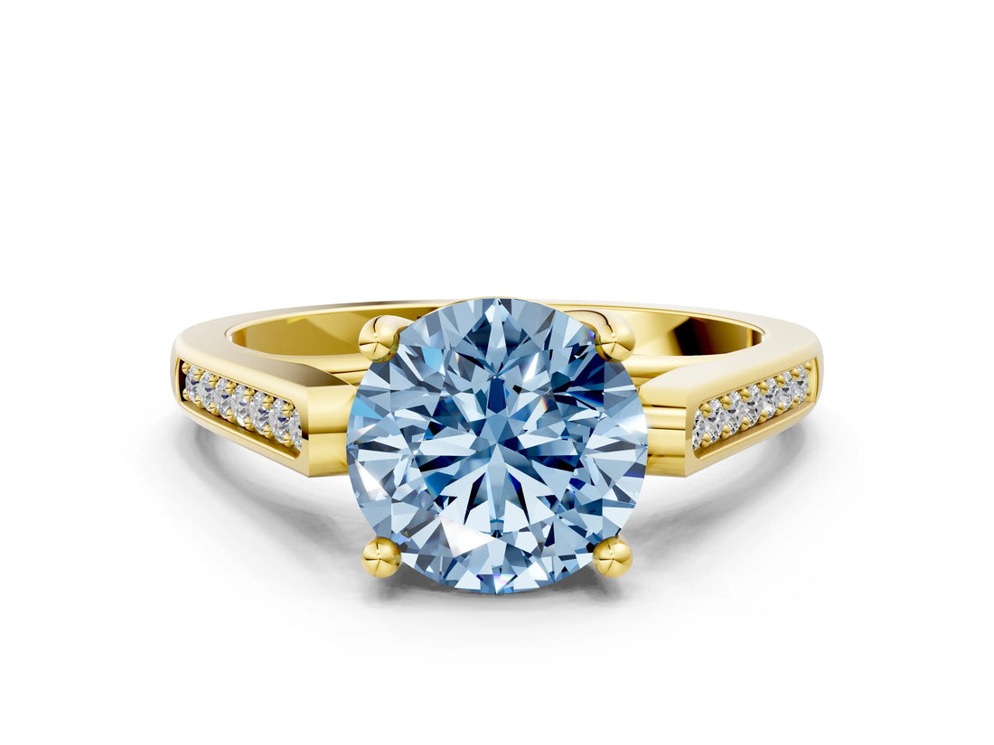 Yellow gold Fancy Blue Round Cut Solitaire Cathedral Diamond Engagement Ring with Channel-Set Band and Four-Prong Setting_3
